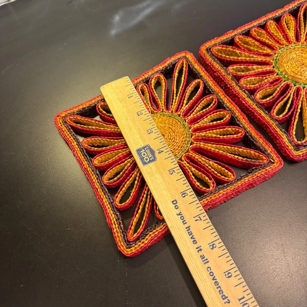 Vintage Sunflower Raffia Trivets Set of 2 Red Yellow 7in Woven Boho Decor